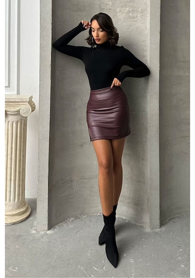 Verymoda Suni Deri Miini Etek F1114 Bordo
