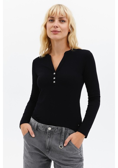 Fashion Friends Esnek V Yaka T-shirt Siyah