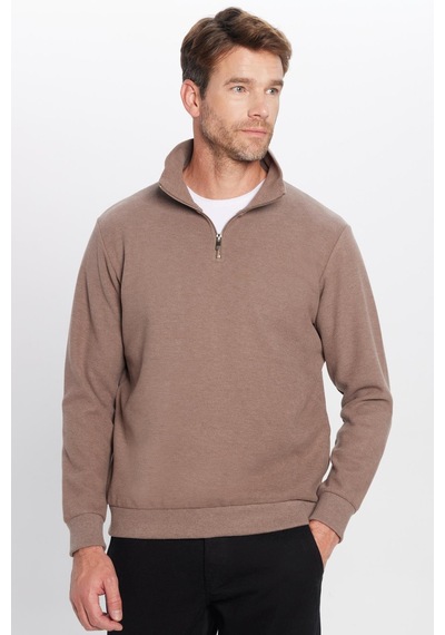 Tudors Unisex Relax Fit Rahat Kesim Fitilli Desenli Pamuklu Yarım Fermuarlı Kahverengi Dik Yaka Sweatshirt-31979 Kahverengi