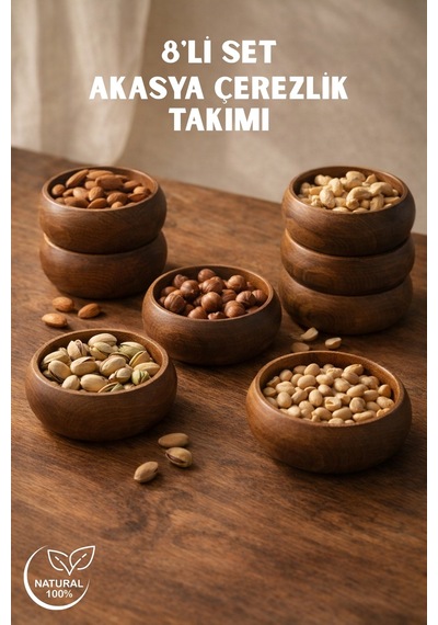 Doğal Akasya Ahşap Çerezlik 8'li Set Kahvaltı & Çerez Sunum Kasesi 9 Cm Kahverengi