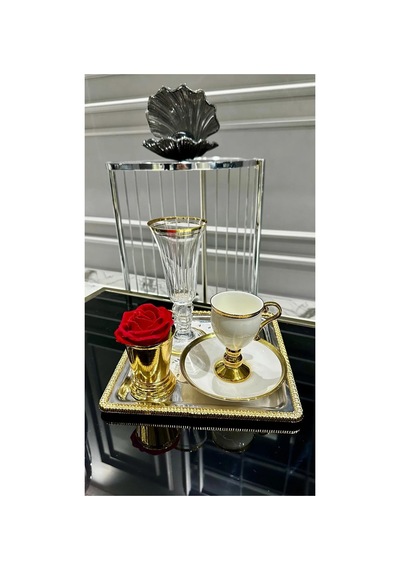 6 Adet Gold Burgulu Gümüş Renk Kare Kahve Sunum Tepsisi- Metalik