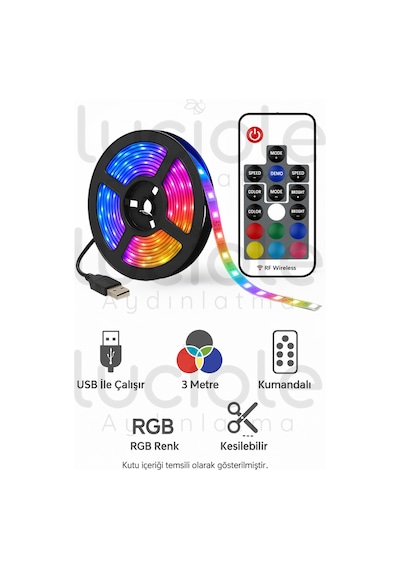 Rgb Şerit Led Işık 3 Metre Usb Girişli Kumandalı Ambiyans Lamba Tv Arkası & Lambader Alternatifi