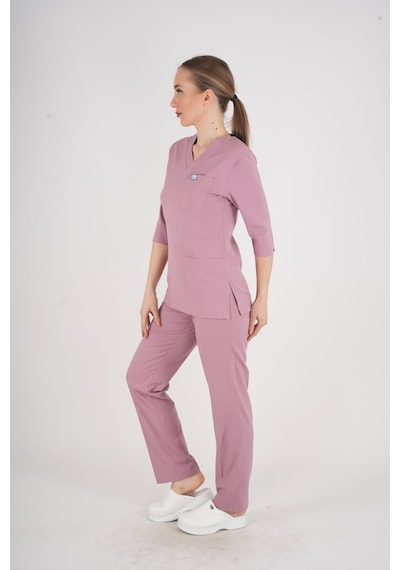 Unisex Pudra Violet Model Scrubs Takım Doktor Hemşire Üniforması Pudra