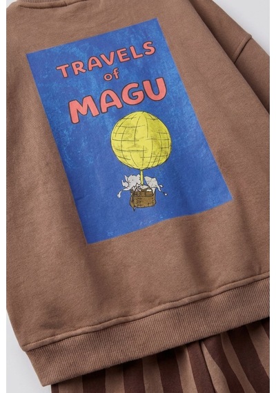 Çocuk Pamuklu Magu And Travel Desenli Kahverengi Sweatshirt Ve Çizgili Eşofman Takımı