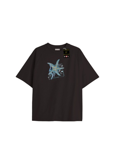 Flood Of Style Siyah Oversize T-shirt Mavi Yıldız Özel Tasarım