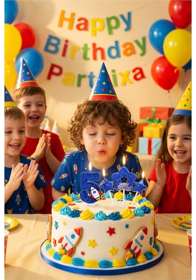 Mavi Simli Yıldız Ve Roket Detaylı Mavi Simli Rakam Mum Seti Doğum Günü Pasta Süsü