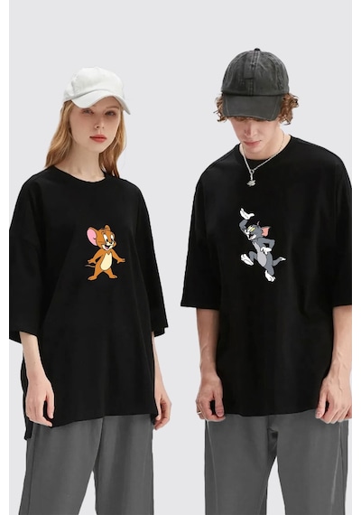 Unisex Kadın Erkek Tom Ve Jerry Baskılı Sevgili Çift Kombini Tasarım Oversize T-shirt 2'li Set Siyah Mck1955 Siyah