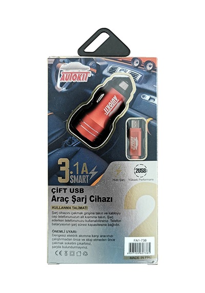 3 Adet Autokit Metal Araç Şarjı 3.1 Amper 2 Usb Giriş Micro