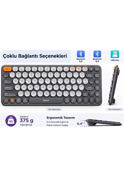 Luve Store Baseus Bluetooth 5.0 Kablosuz Klavye 2.4 Ghz Usb Alıcılı İngilizce Q Çoklu Bağlantı