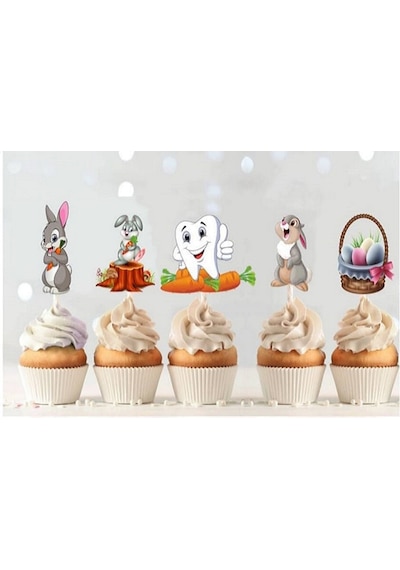 Diş Buğdayı & İlk Diş Temalı Pasta Üstü Kürdan Seti 5 Li Tavşan & Diş Figürlü Cake Topper
