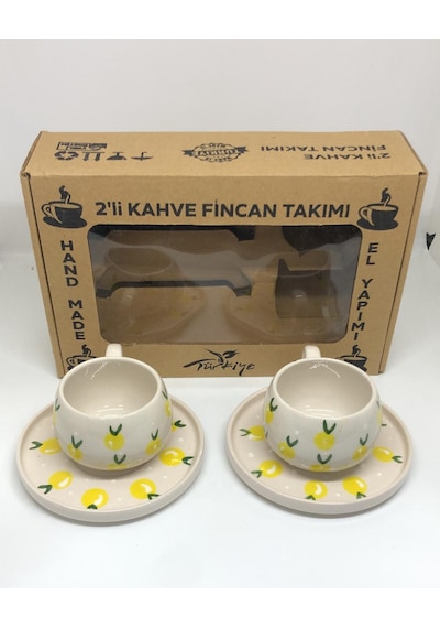 El Yapımı Limon Desenli 2'li Kahve Fincan Takımı Çok Renkli