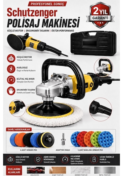 Px13 Devir Ayarlı Polisaj Makinesi Bakır Sargı 12 Parça Ped Seti 2000w 180mm Profesyonel Sarı 7c2
