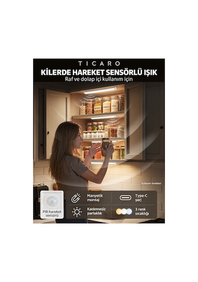 Tıcaro 32 Cm Cct Sensörlü Şarjlı Led Dolap Işığı, 62 Led, 2200 Mah, 1 Adet Gümüş