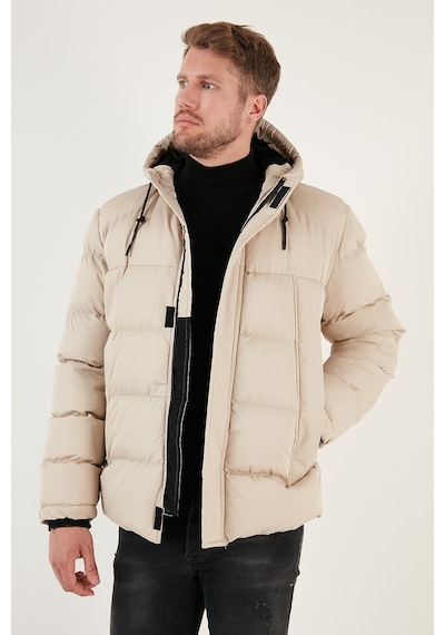Buratti Fermuarlı Cepli Slim Fit Kapüşonlu Şişme Erkek Mont 5711050 Taş