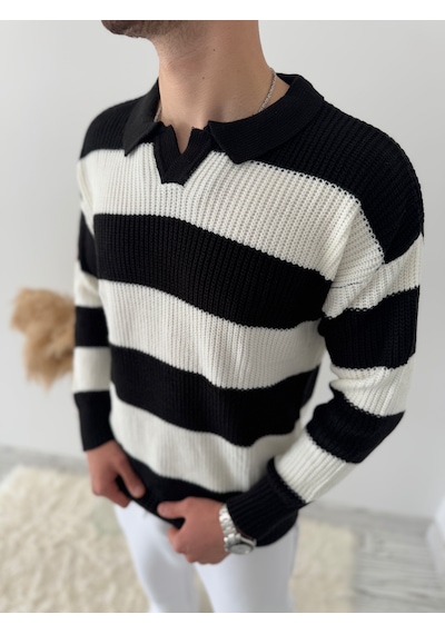 Say-Has Fashion Rahat Kalıp Erkek Polo Yaka Çizgili Triko Kazak Siyah