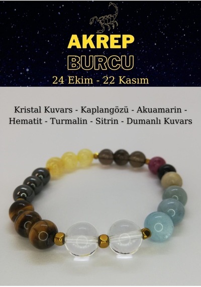Akrep Burcu Bilekliği Kaplangözü,kristal Kuvars, Sitrin, Akuamarin, Hematit, Dumanlı Kuvars,turmalin Çok Renkli