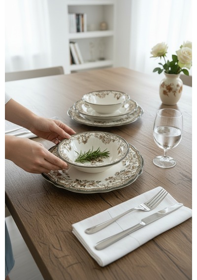 Akayev Porselen Vintage Brown 24 Parça Yemek Takımı Kahverengi