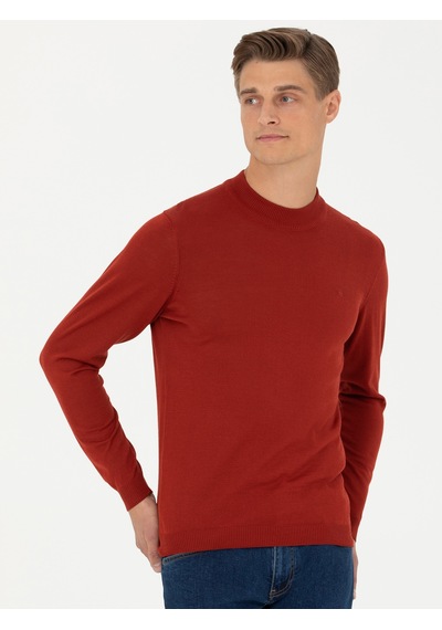 Cacharel Kiremit Slim Fit Çeyrek Balıkçı Yaka Triko Kazak Kırmızı