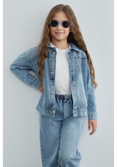 Fullamoda Taşlı Beli Lastikli Kız Çocuk Jean 3 Lü Takım Mavi