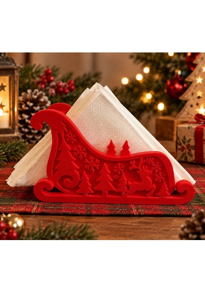 3d Baskı Noel Kızağı Formlu Yılbaşı Peçetelik Dekoratif Yeni Yıl Sofra Peçete Tutucu Kırmızı Diğer