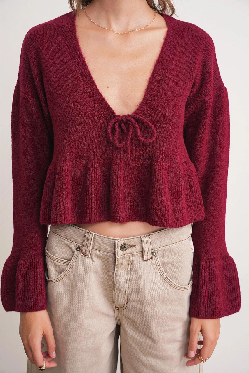 Mixray 6955 Kadın Fırfırlı Triko Kazak Bordo Bordo