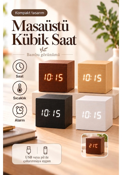 Ahşap Dijital Kübik Masa Saati Termometre Ve Alarm Çok Renkli