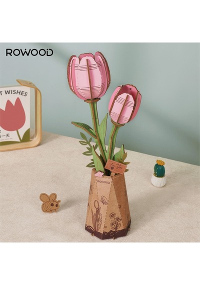Rowood Tw082 Pembe Lale Çiçek Pink Tulip Dıy Minyatür Maket Model Ahşap 3d Wooden Puzzle Model Kit Ahşap Maket Dekoratif Hobi Seti