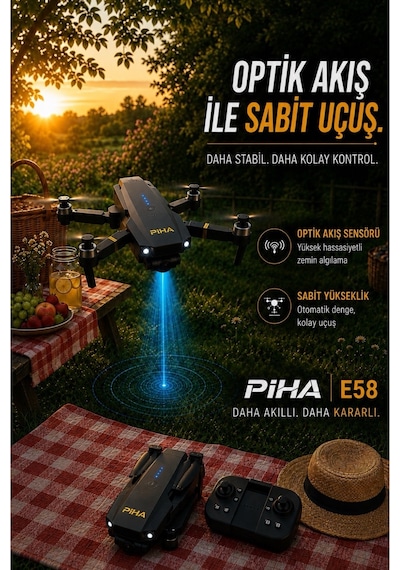 Piha E58 DRONE Yeni Fırçasız Motor 2 Batarya İle 30 DK Uçuş Süresi Hd 720p Çift Kameralı Taşıma Çantalı