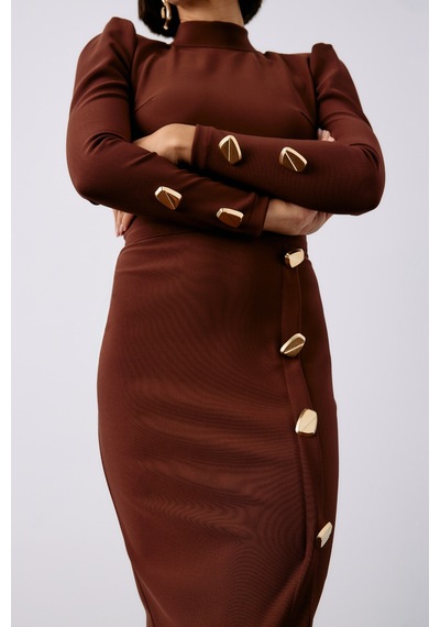 Sateen Düğme Detaylı Crop Bluz - Kahve-133634 Kahve