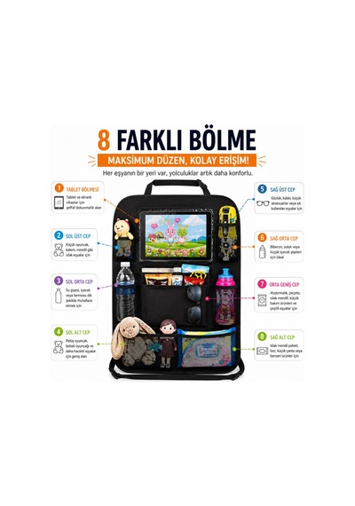 Polham 8 Bölmeli Araç Koltuk Arkası Organizer Tablet Bölmeli Fileli Oto Koltuk Arkası Eşya Düzenleyici