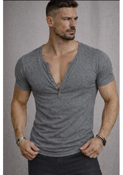 Özel Üretim Henley Yaka Düğmeli Açık Geniş Yaka Tişört T-shirt Füme Özel Üretim Henley Yaka Düğmeli Açık Geniş Yaka Tişört T-shirt Füme