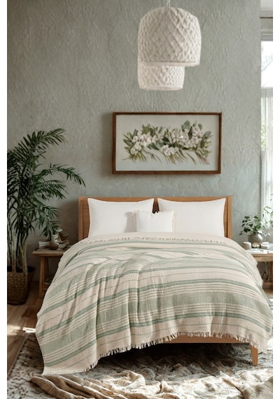Natura Soft Ekru 4 Kat Müslin Çift Kişilik Yatak Örtüsü 220x230 Cm %100 Pamuk Çok Amaçlı Koltuk Örtüsü Ve Tv Battaniyesi Yeşil