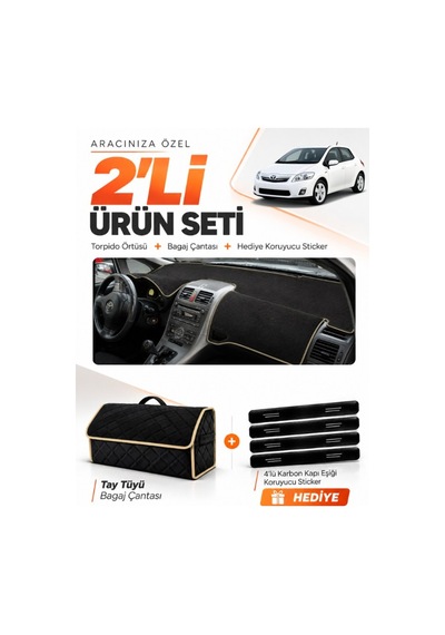 E-biz Toyota Aurıs E150 2006-2012 Uyumlu Torpido Örtüsü + Tay Tüyü Çanta - Siyah-bej - To005