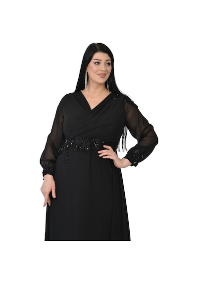 Lilas Xxl Kadın Büyük Beden Uzun Şifon Abiye Elbise 9573 Siyah