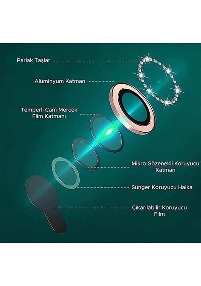 İphone 13/13 Mini İle Uyumlu Yüksek Kalite Parlak Elmas Desenli Taşlı Gümüş Özel Tasarım Kamera Lens Koruyucu İdb-91