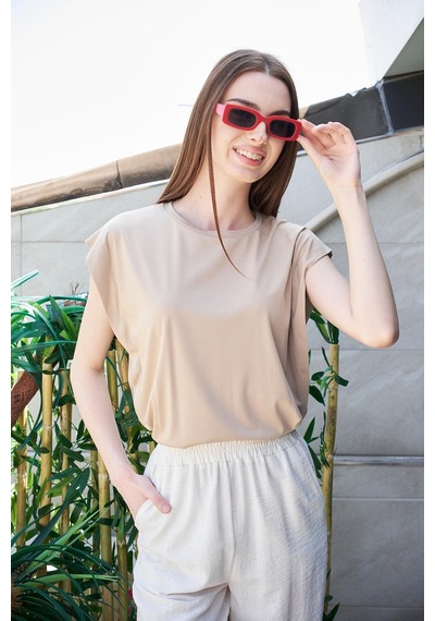 Jument Şık Likralı Span Kumaş Kolsuz Geniş Sıfır Yaka Düşük Omuzlu Basic Tshirt Bluz-koyu Bej K.bej