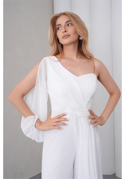 Neşeli Butik Kadın Beyaz Tek Kol Astarlı Tül Kumaş Tasarım Abiye Tulum Nbs9389