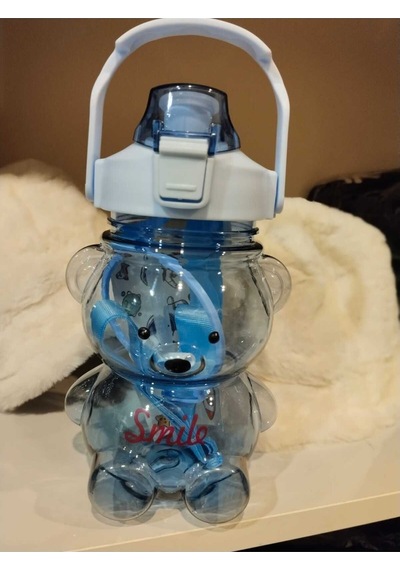 Ayıcıklı Matara 1000 Ml, Şeffaf Su, Suluk, Okul, Ofis, Seyahat, Bpa İçermez Mavi Plastik Diğer