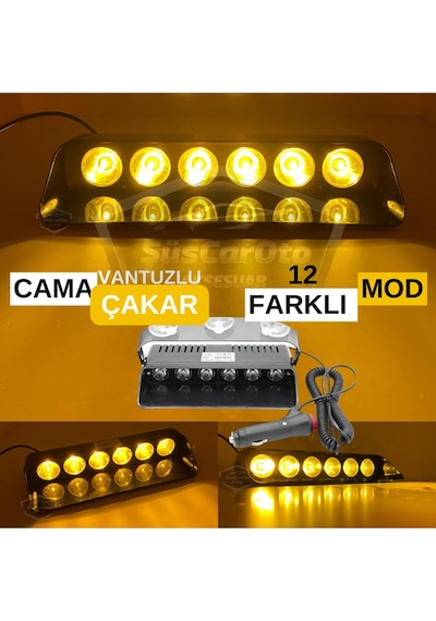 S6 Cam İçi Vantuzlu Ambulans İtfaiye Çakar Lamba İkaz Lambası 6 Ledli Sarı Çakmaklık Girişli