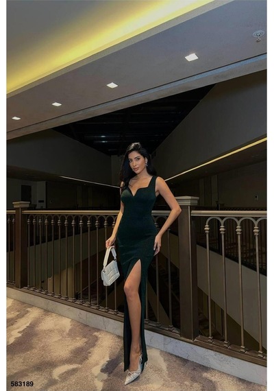 Lior Design Kadın Günlük Yırtmaçlı Maxi Askılı Abiye Elbise Zümrüt