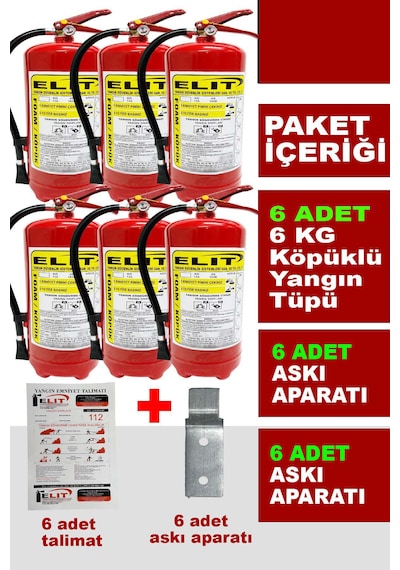 6 Kg Köpüklü Yangın Söndürme Tüpü Askı Aparatı + Talimat Dahil Ruhsata Uygun 6'lı Paket