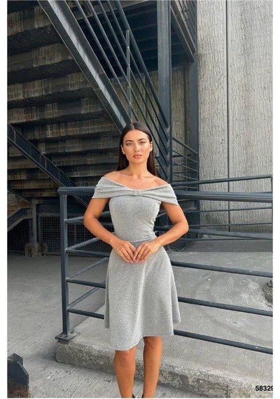 DefyModa Kadın Sade Madonna Yaka Şık Abiye Elbise Gri