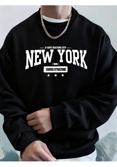 Startmore Tarzsokak New York Bustling City Baskılı Erkek Sweatshirtleri Kışlık Oversize Kapüşonlu Spor Bisiklet Y Siyah