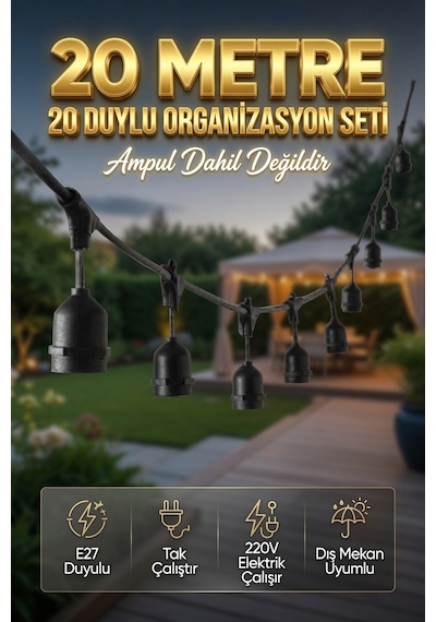 20 Metre 20 Duy Organizasyon Seti E27 Dış Mekan Uyumlu 220v Bahçe Teras Festoon Ampulsüz Işık Zinciri Tak Çalıştır Siyah