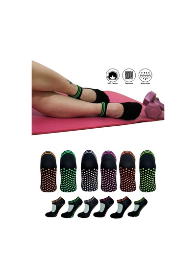 6 Çift Pamuklu Renkli Kaymaz Taban Silikon Baskılı Yoga Fitness Pilates Ve Aktivite Kadın Çorabı