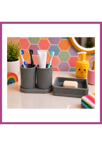 Gees Global 3d Baskı Diş Fırçalık Ve Sabunluk Seti - Lavabo Üstü Banyo Organizeri-gri Gbzs