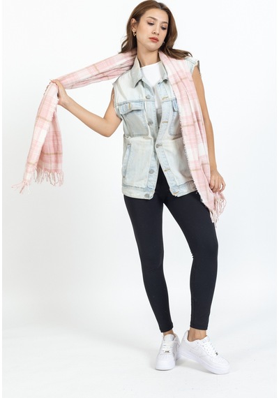 Ladycolor Ekoseli Yünlü Omuz Şalı - 70x200 Cm - Dayanıklı Akrilik Pembe