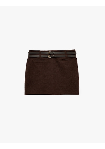 Koton Kemer Detaylı Slim Fit Viskon Karışımlı Mini Etek Kahverengi 6wal70035ık Kahve