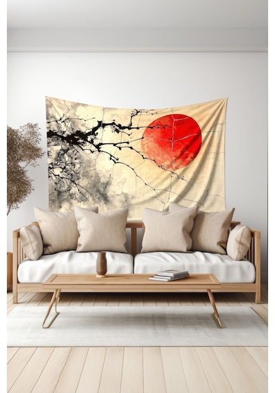 Kırmızı Ay Ve Dallar Desenli Duvar Halısı Duvar Örtüsü Tapestry Süet Dokulu Kumaş