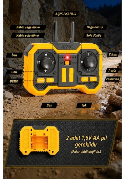 Dev Boy 40 Cm. Duman Çıkaran 12 Kanal 680 Derece Dönebilen Oyuncak Kepçe Metal Uzaktan Kumandalı Şarjlı Dozer Vinç